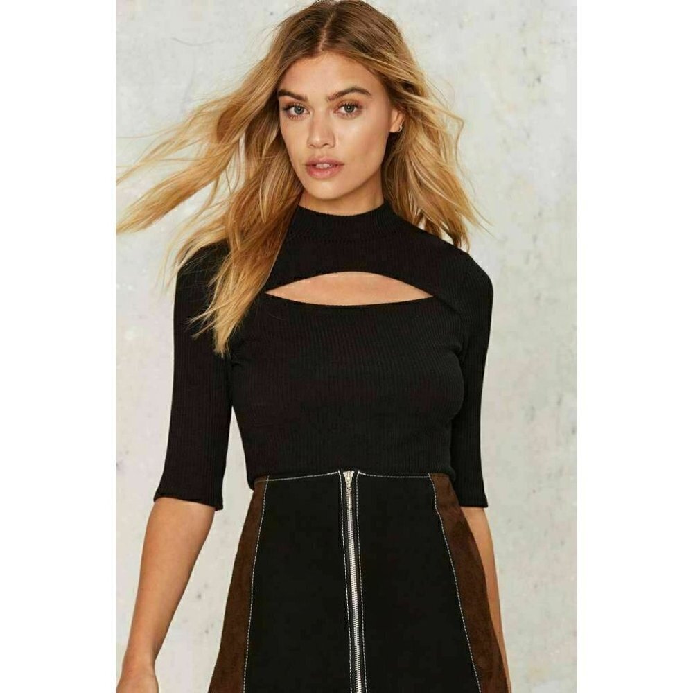 NUDE Nasty Gal Womens Black Knit Highest Peek Ribbed Crop Top Size L - Picture 5 of 8